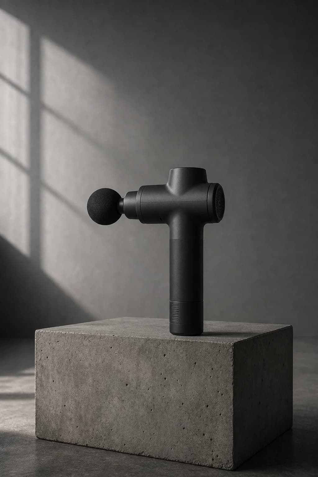 A matte graphite percussive massage gun on a concrete plinth in a grey studio