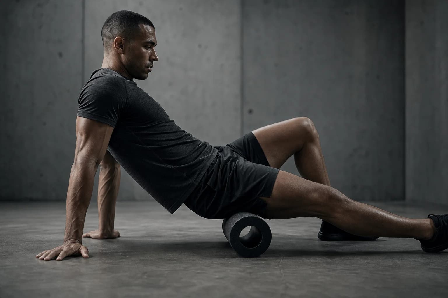 An athlete rolling a foam roller on a concrete studio floor
